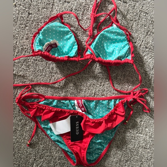 Guess NWT Red ruffle bling Logo string Bikini Set top~M Aus-12 bottoms large - Picture 7 of 10